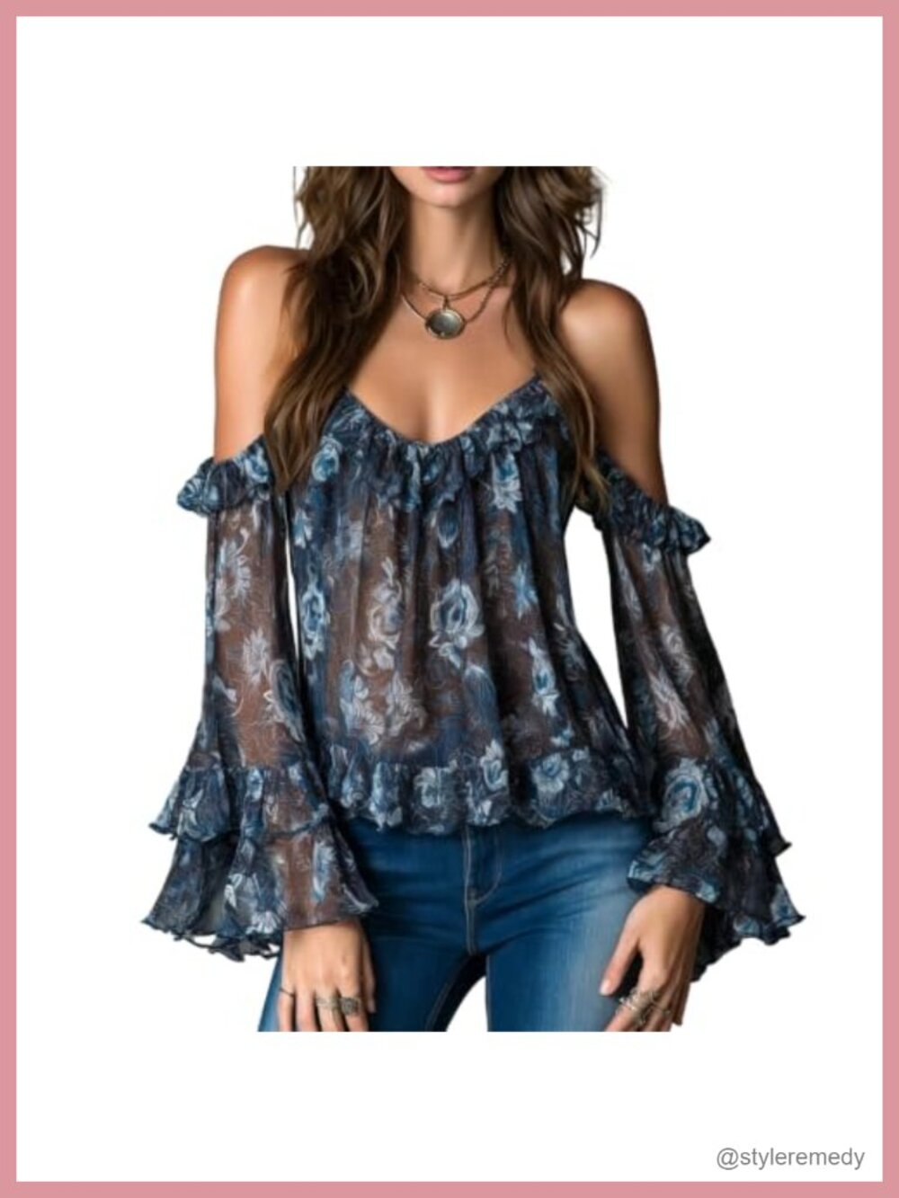 Cold Shoulder Floral Chiffon Blouse Bell Sleeve Ruffle Sheer Top